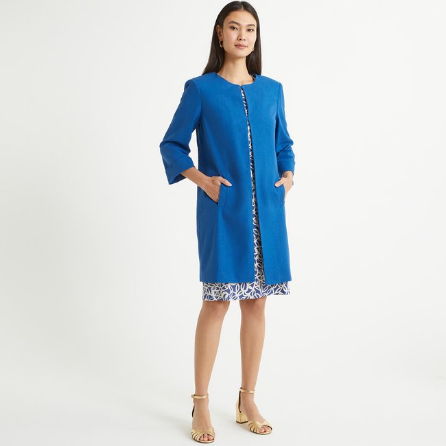 Veste longue coupe droite lin majoritaire bleu dur Anne Weyburn La Redoute