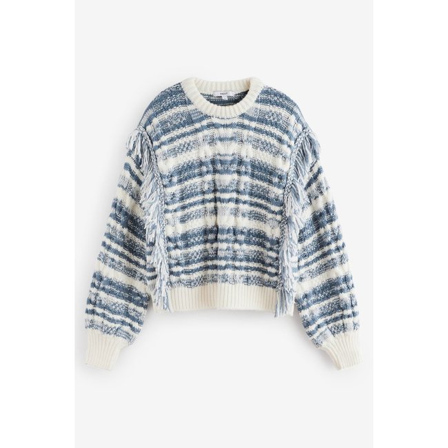 Pull en maille rayé avec franges bleu blanc <span itemprop=