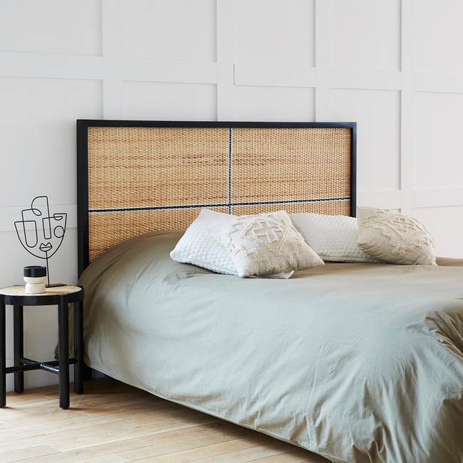 Tête de lit en bois d'acajou et rotin 160  SOHO Couleur noir <span itemprop=