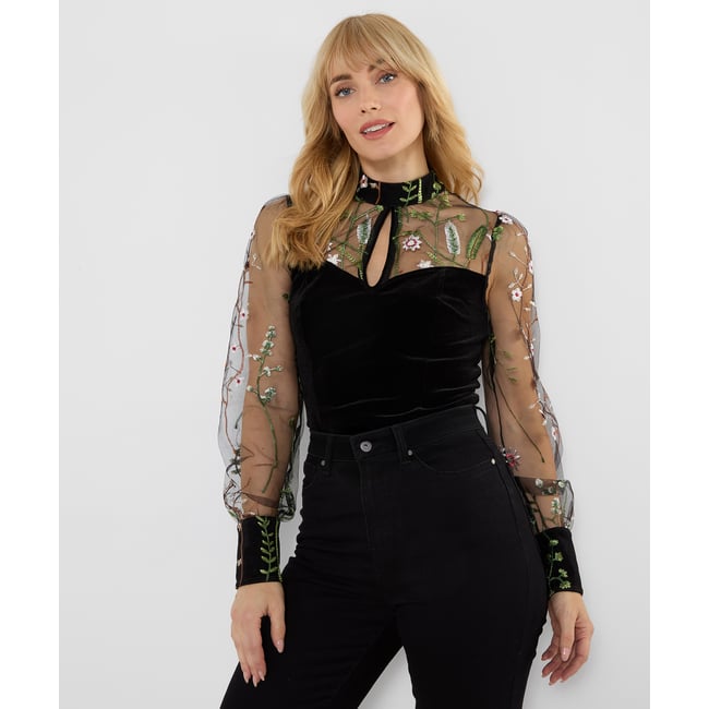 Blouse en Velours à Col Montant et Manches en Mesh Brodées noir <span itemprop=