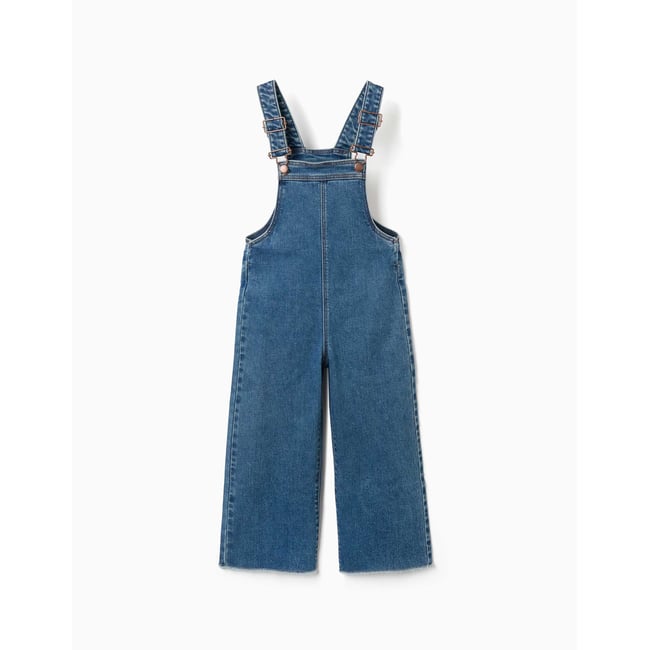 Salopette en jean large à ourlets effilochés bleu <span itemprop=