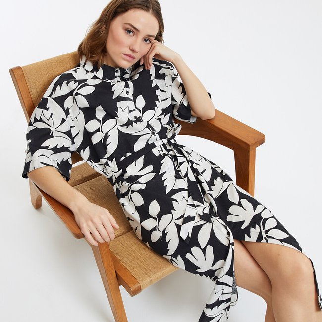 Maxi Shirt Dress, Elbow-Length Sleeves, Printed black print/ecru LA REDOUTE COLLECTIONS