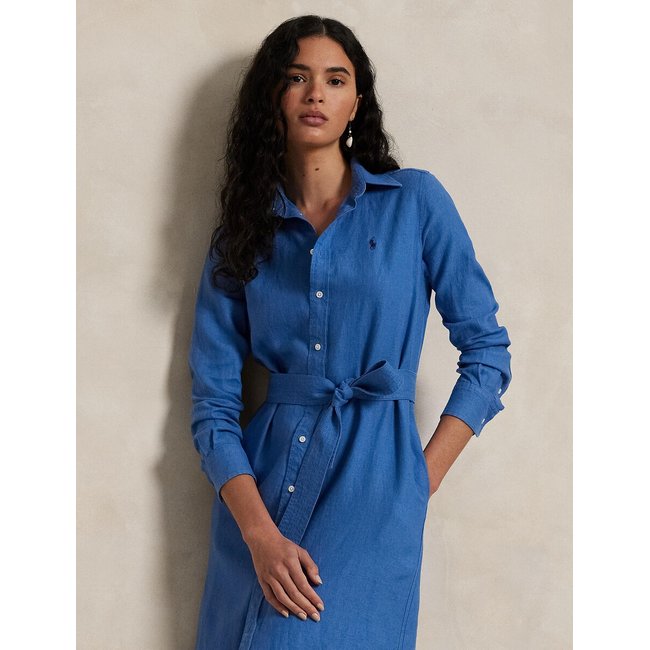 Linen Midi Shirt Dress with Long Sleeves, blue, POLO RALPH LAUREN