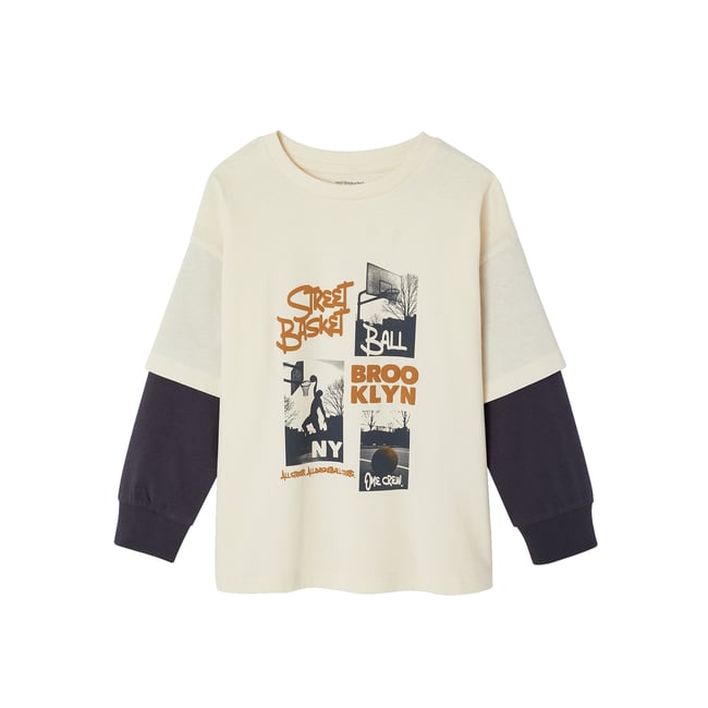T-shirt manches longues effet superposé écru <span itemprop=