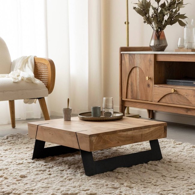Table basse carrée en bois d'acacia et métal  CASSIUS Couleur bois foncé <span itemprop=