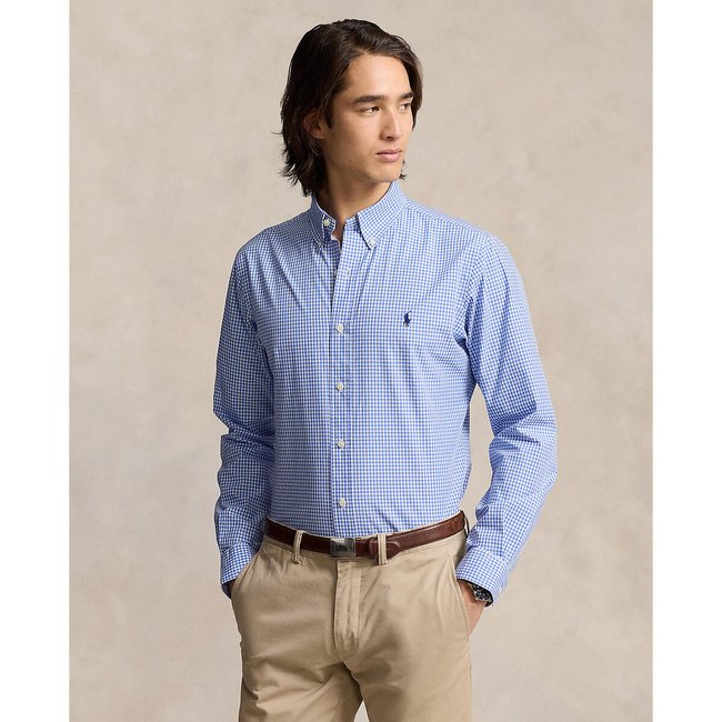 Kariertes Popeline-Hemd mit Logo-Stitching, Slim-Fit blau/weiss <span itemprop=