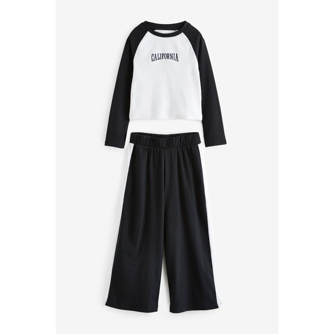 Pantalon de jogging large et t-shirt côtelé noir/blanc <span itemprop=