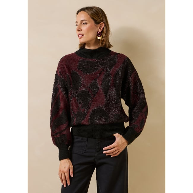 Pull manches longues en jacquard bordeaux / noir <span itemprop=