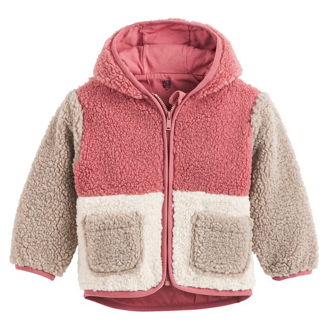 Gilet zippé à capuche, sherpa doublé jersey rose + beige <span itemprop=