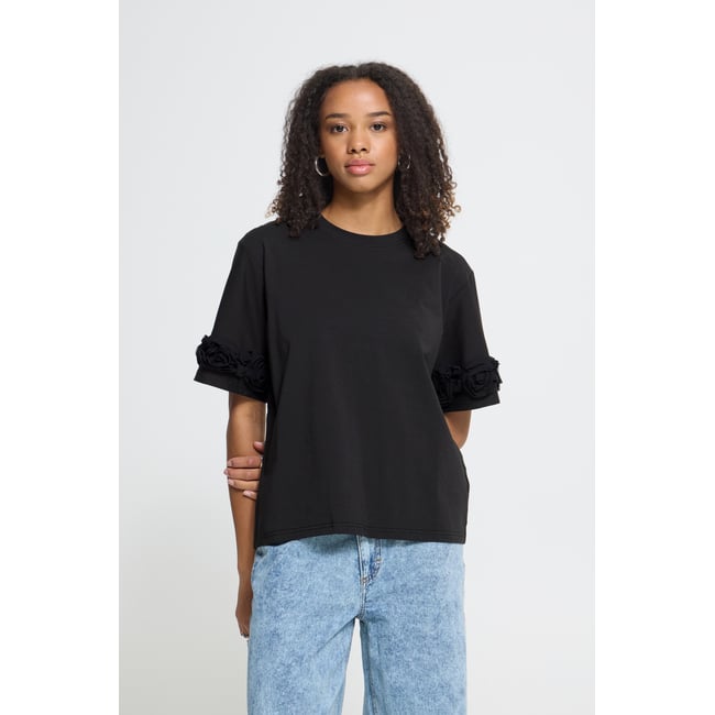 T-Shirt manches courtes, coupe boxy, manches détails 3D noir <span itemprop=