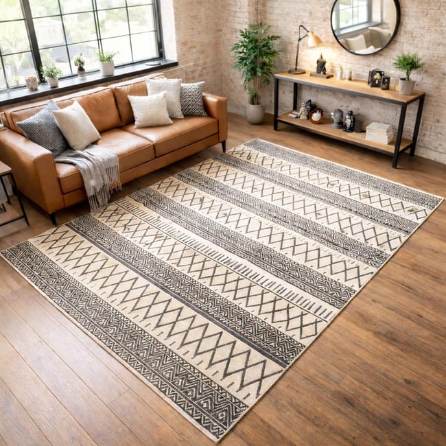 Tapis salon et chambre fait à la main motif scandinave PANATA Couleur noir <span itemprop=