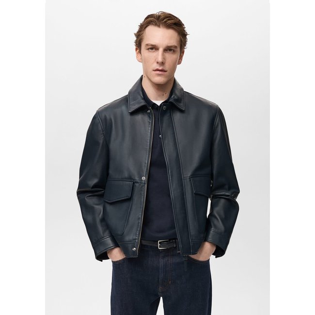 Blouson cuir nappa poches bleu nuit <span itemprop=