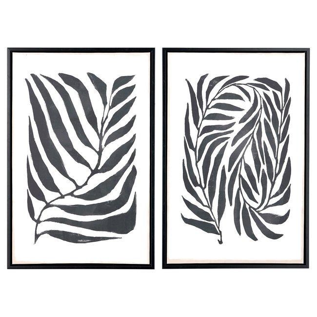 Set of 2 60 x 40cm Black Leaf Print Canvases with Black Frames, black/white, SO'HOME