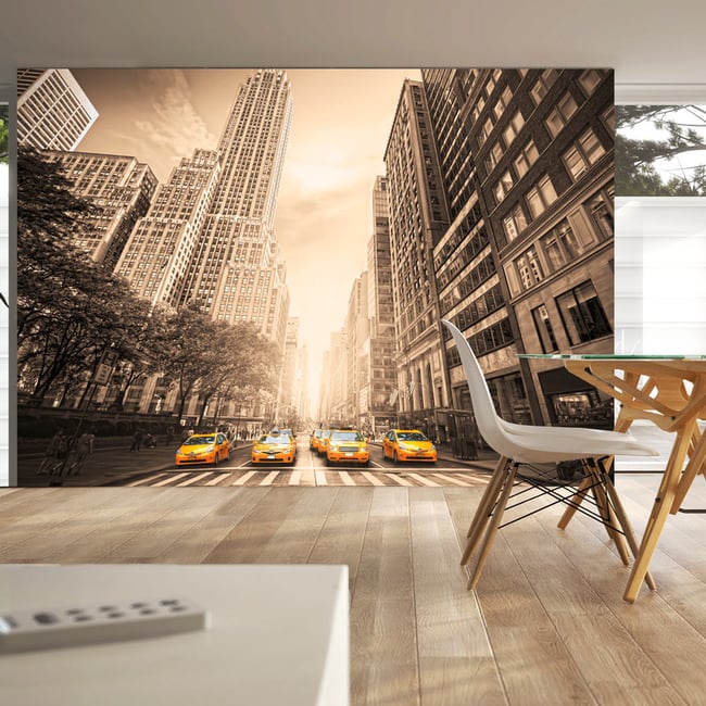 Papier peint intissé panoramique Ville et Architecture New York taxi - sepia Couleur jaune / doré <span itemprop=
