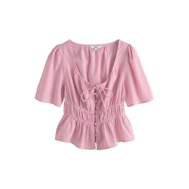 Blouse à manches courtes nouée sur le devant rayures rouge/blanc <span itemprop=