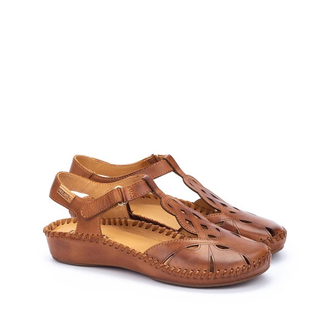 Vallarta Semi-Wedge Sandals in Leather, cognac, PIKOLINOS