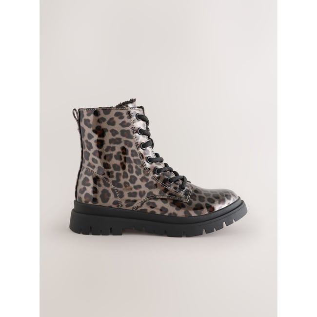 Bottines à lacets et doublure chaude imprimé léopard marron vison <span itemprop=