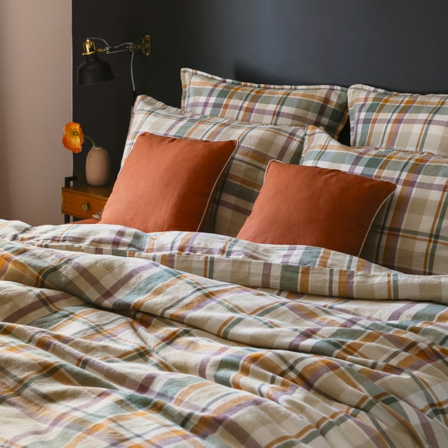 Housse de couette en métis lin et coton, PASSION MADRAS curcuma <span itemprop=
