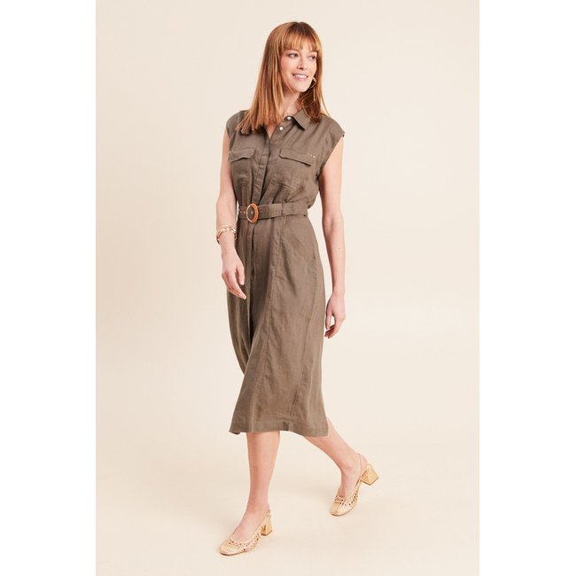 Robe évasée manches très courtes vert kaki <span itemprop=