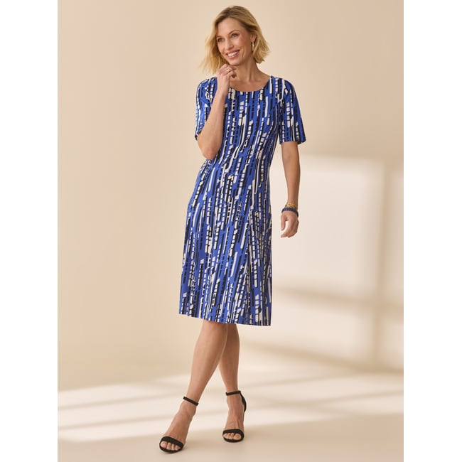Robe évasée en maille imprimé bleu dur <span itemprop=