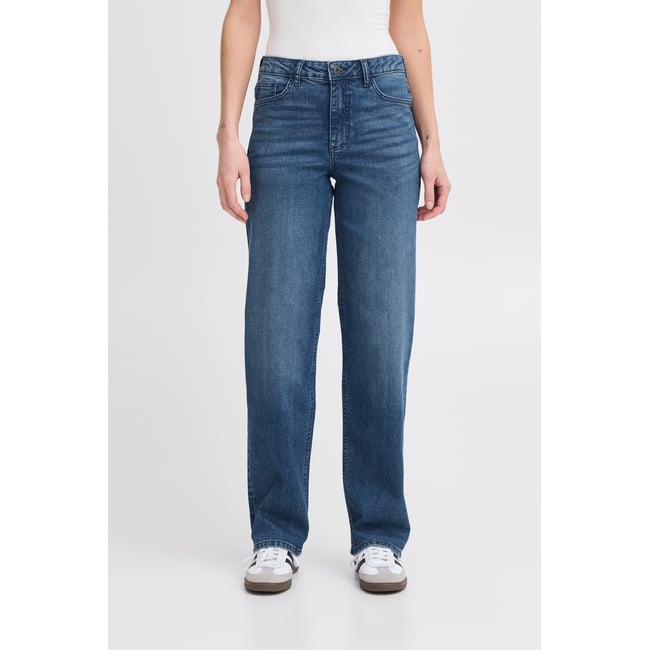 Jean à jambe droite avec cinq poches, taille mi-haute bleu medium blue <span itemprop=