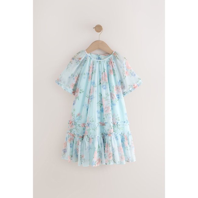 Robe en mousseline à manches évasées bleu motif fleurs <span itemprop=