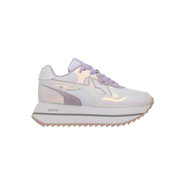 Baskets en cuir et tissu technique DEVA W. blanc-lilas <span itemprop=