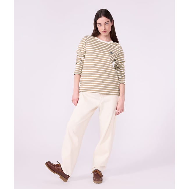 Camiseta a rayas, manga larga beige/blanco <span itemprop=