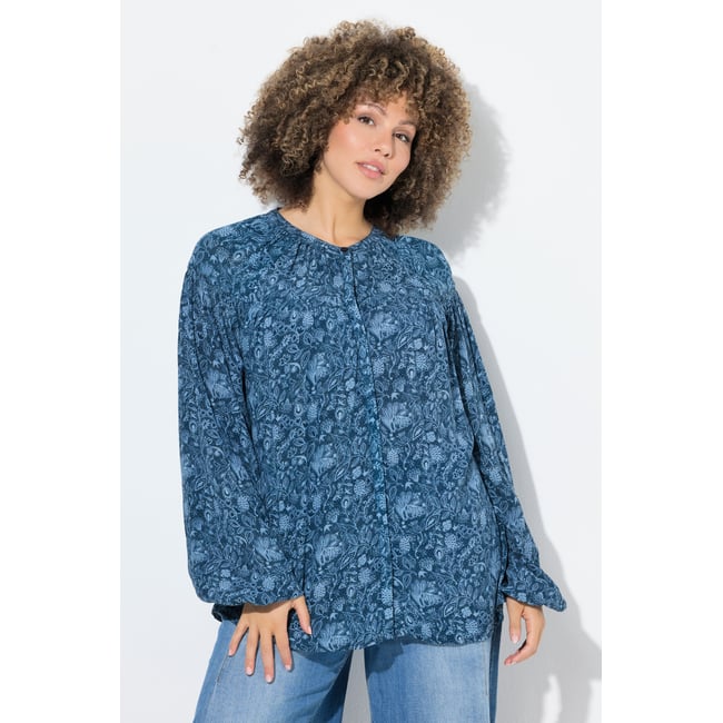 Blouse motif fleurs/hirondelles bleu encre <span itemprop=