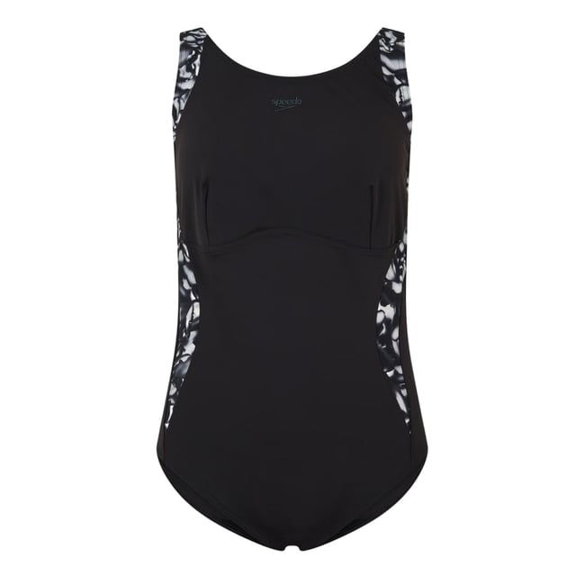 Maillot de bain 1 pièce motif/style logo et abstrait noir <span itemprop=