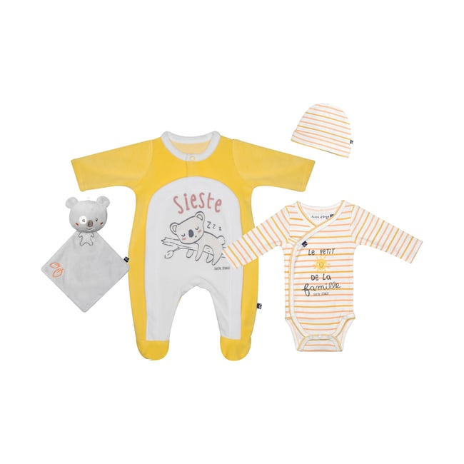 Set naissance gabor maille ouverture devant naissance jaune <span itemprop=
