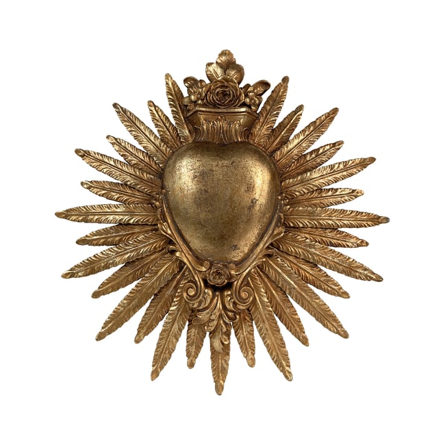 Déco murale ex-voto coeur plumes 24.7x25.3cm Couleur or <span itemprop=