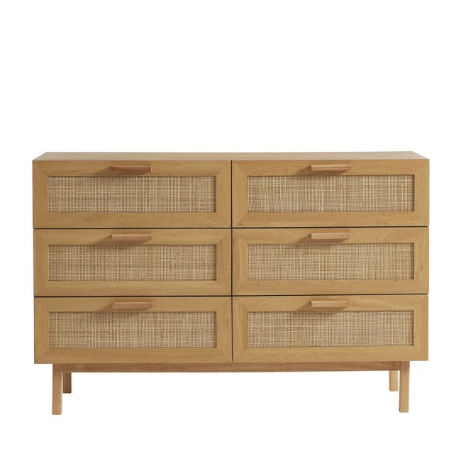 Commode 6 tiroirs en bois et cannage L130cm- JUNE Couleur bois clair <span itemprop=