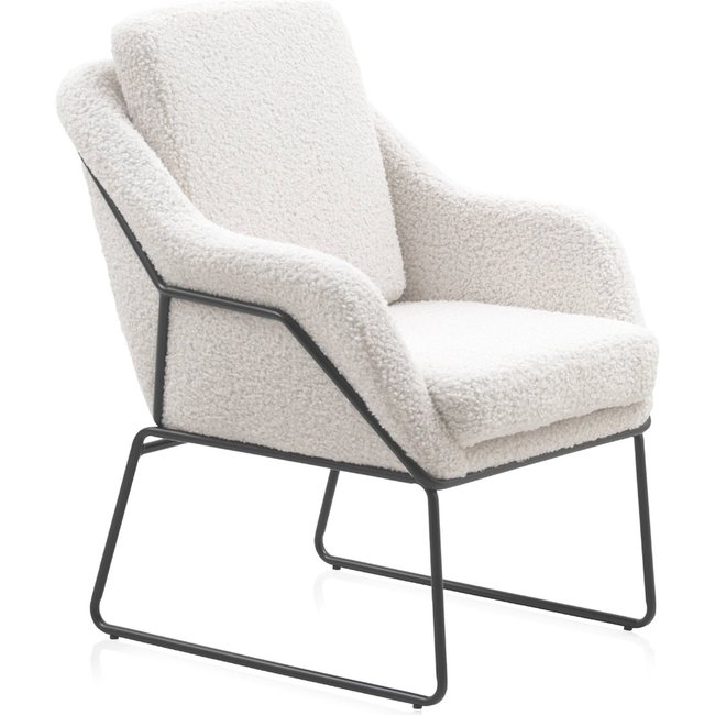 Fauteuil bouclé  pieds métal  design cocooning Couleur blanc bouclé et structure métal noir <span itemprop=