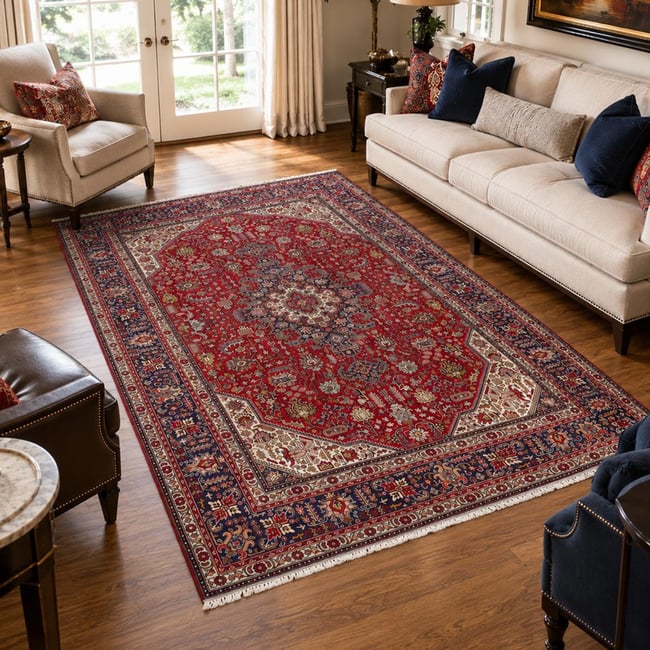 Tapis d'orient oriental, noué main, laine et soie, TABRIZ A Couleur rouge, beige, bleu <span itemprop=