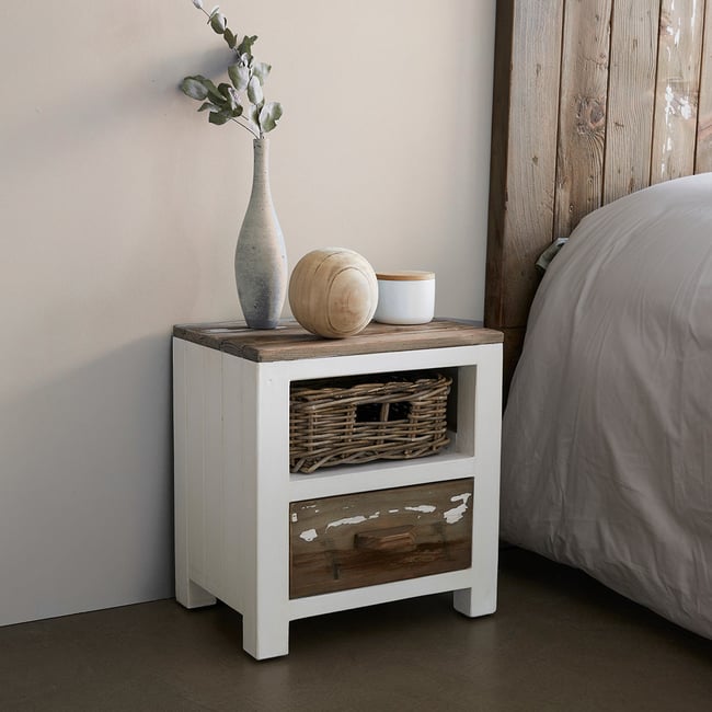 Table de chevet en bois recyclé massif  HONFLEUR Couleur blanc <span itemprop=