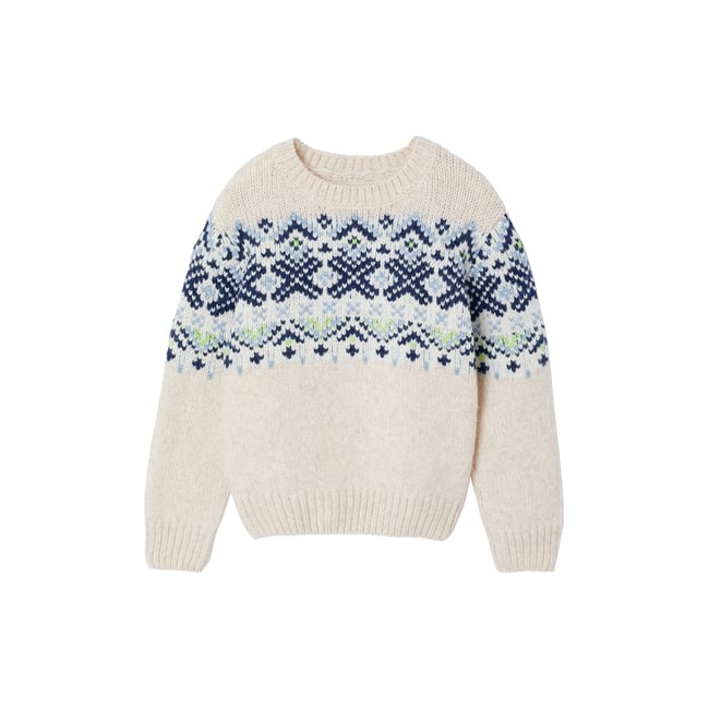 Pull jacquard col rond blanc <span itemprop=