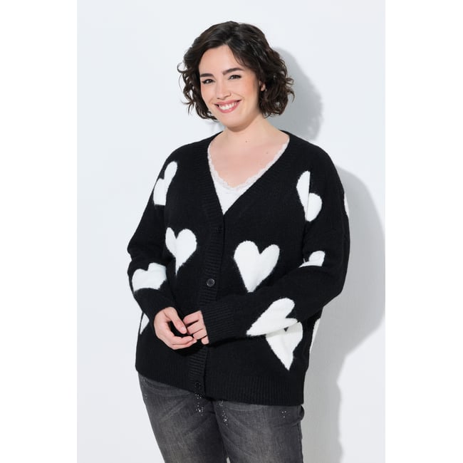 Cardigan oversize, motif grands cœurs noir <span itemprop=
