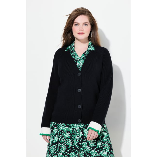 Cardigan col en V, poignets fantaisie noir <span itemprop=