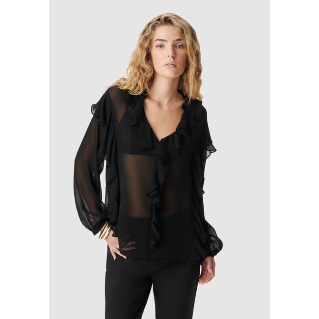 Blouse fluide à jabot et volants noir <span itemprop=
