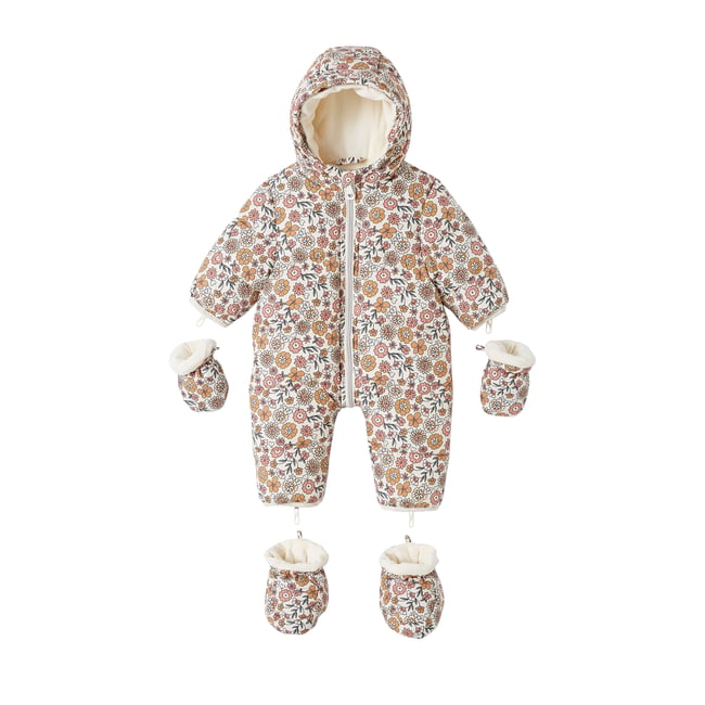 Combipilote bébé fleurie doublée polaire beige clair imprime <span itemprop=