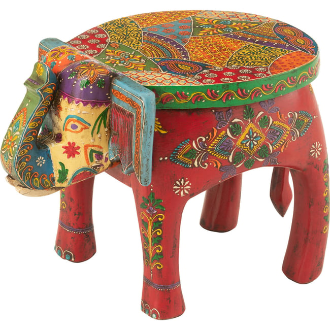 Tabouret éléphant en bois de manguier peint rectangulaire Couleur multicolore motifs indiens artisanaux <span itemprop=