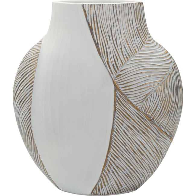 Vase en polyrésine sculpté aux reliefs graphiques Couleur blanc patiné <span itemprop=