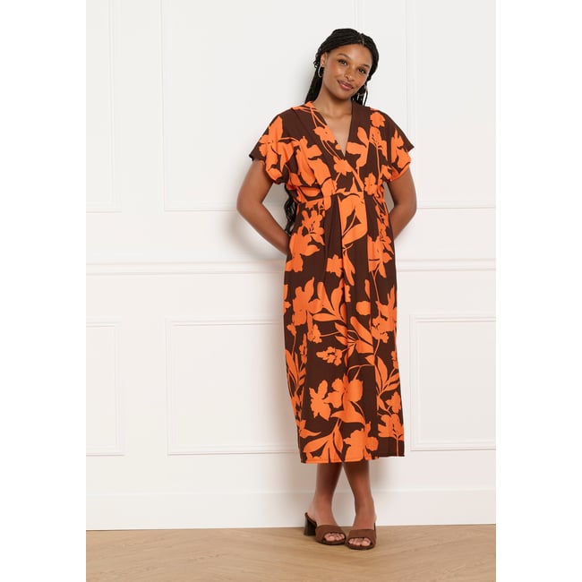 Robe caftan midi fleurie multicolor <span itemprop=