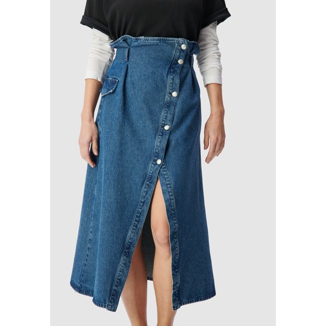 Jupe en jean taille haute asymétrique turquoise <span itemprop=