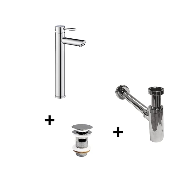 Robinet bec haut TAP + bonde CLINT + siphon SIMON v019844 <span itemprop=