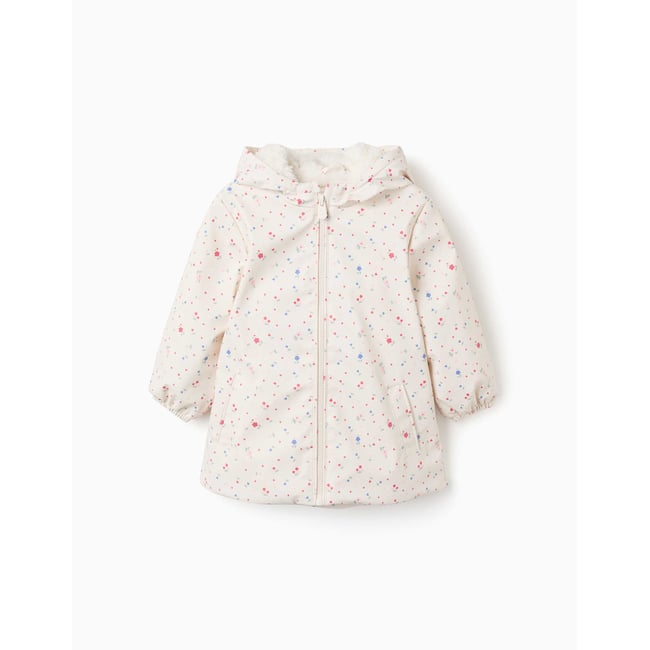 Parka à capuche avec doublure en sherpa et fleurs blanc <span itemprop=
