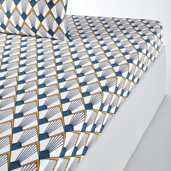 Spannbettlaken Elisa blau aus Perkal bedruckt <span itemprop=