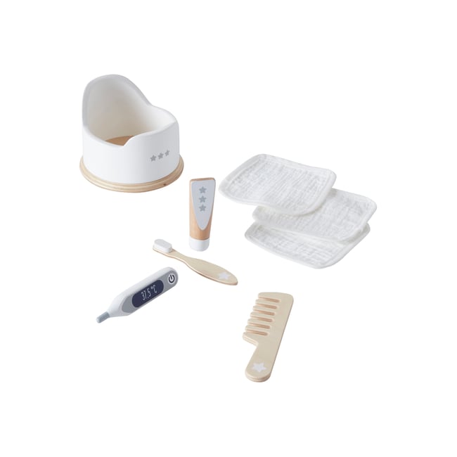 Set accessoires hygiène poupon en bois blanc <span itemprop=