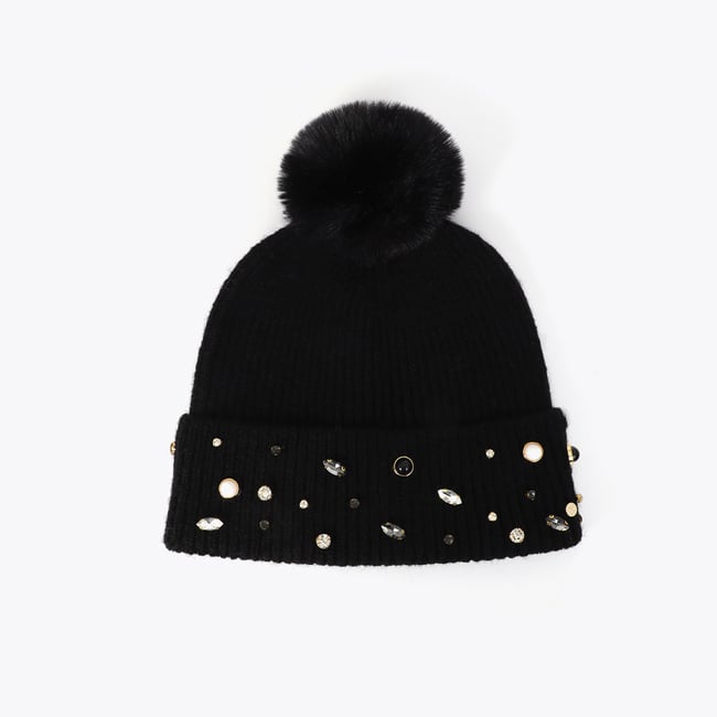 Bonnet tricoté à bijoux fantaisie et pompon - LOLA CASADEMUNT